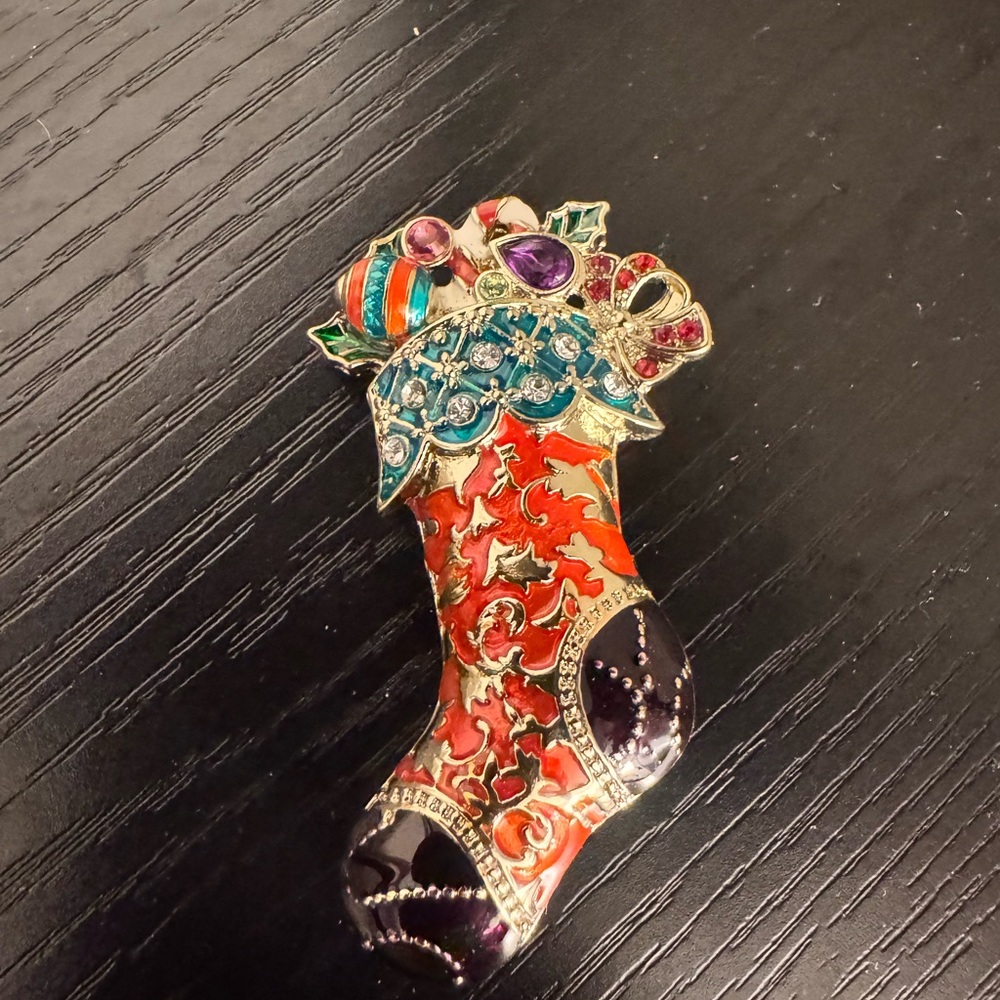 Festive Enamel Multicolor Holiday Stocking Brooch
